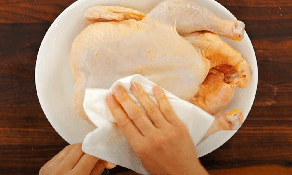 thoroughly pat dry your chicken on the outside and the inside with a couple of paper towels