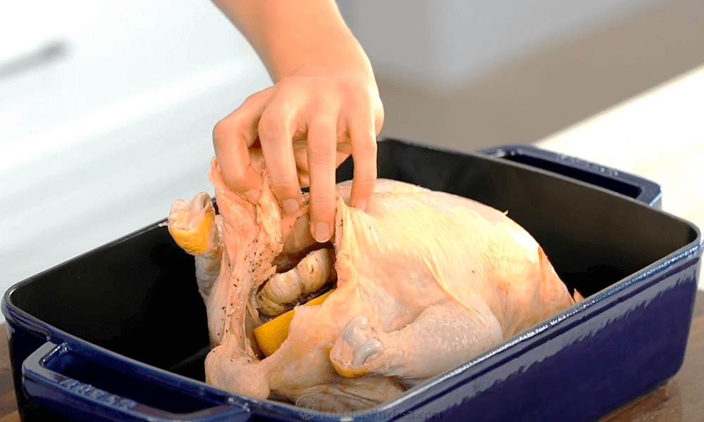 transfer you chicken to a roasting pan with breast side up